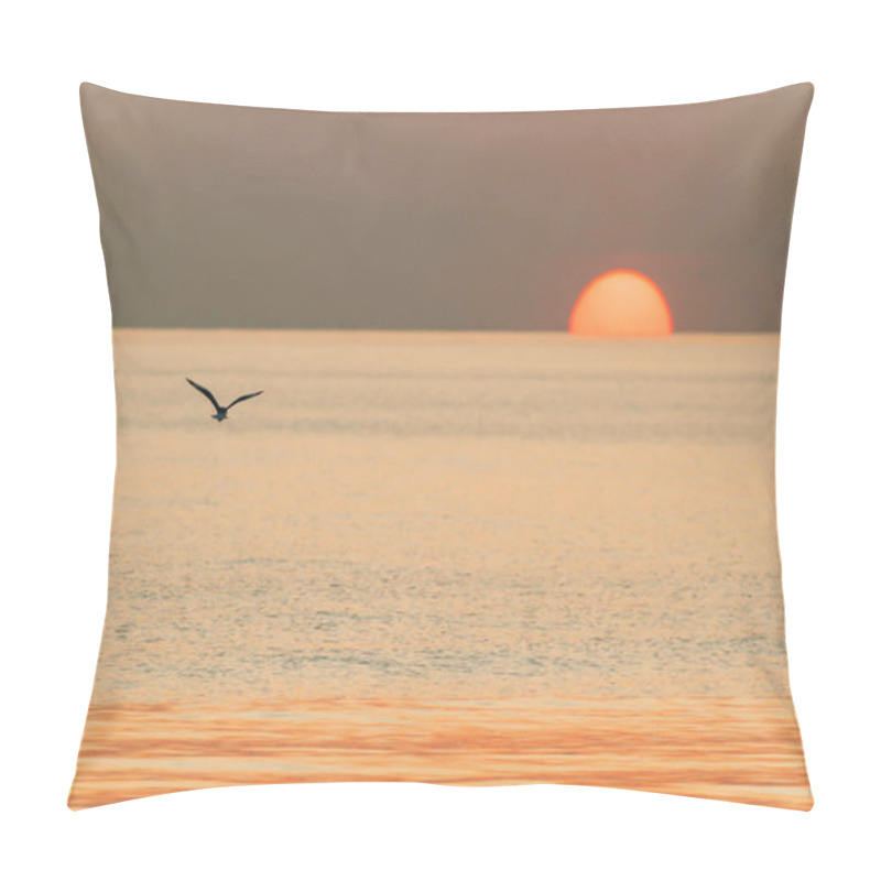 Personality  A Seagull Flying Towards The Sun In The Sea. Exploration, Journey Concepts. Pillow Covers