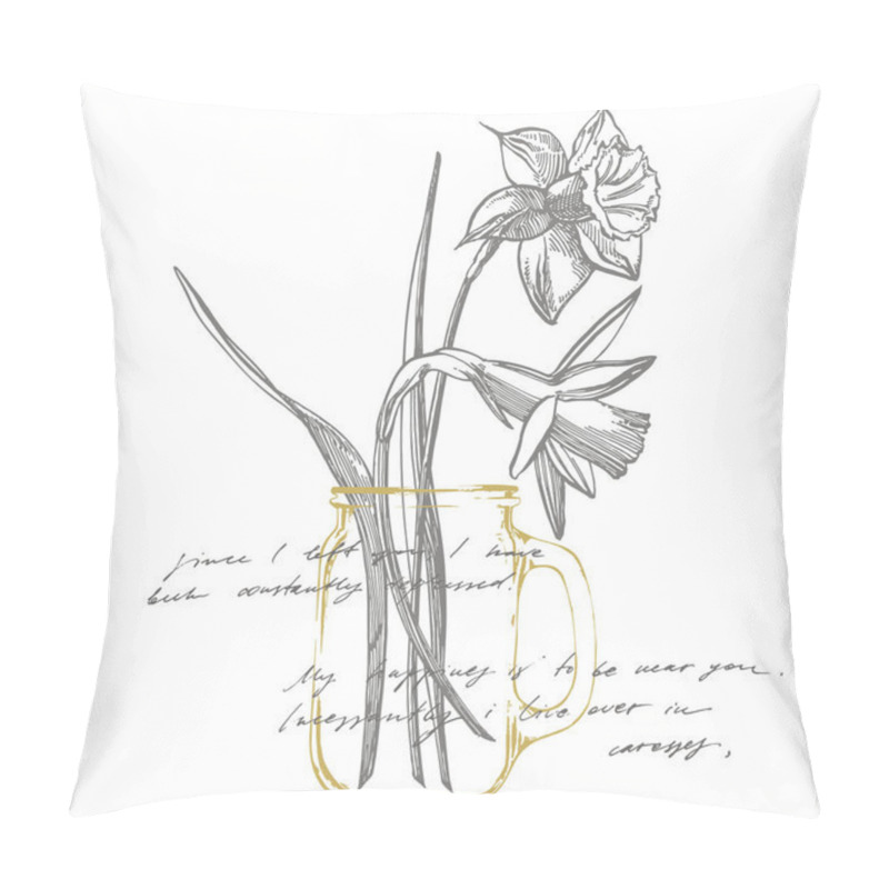 Personality  Daffodil Or Narcissus Flower Drawings. Collection Of Hand Drawn Black And White Daffodil. Hand Drawn Botanical Illustrations. Handwritten Abstract Text. Pillow Covers