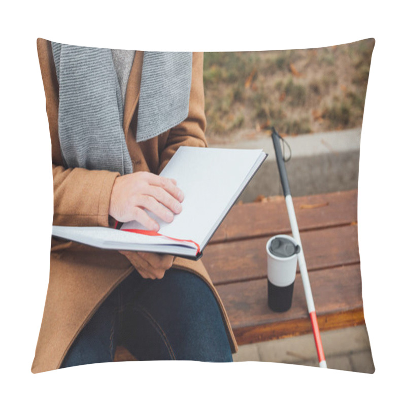 Personality  Cropped View Of Blind Man Reading Book With Braille Font Beside Walking Stick And Thermo Mug On Bench Pillow Covers