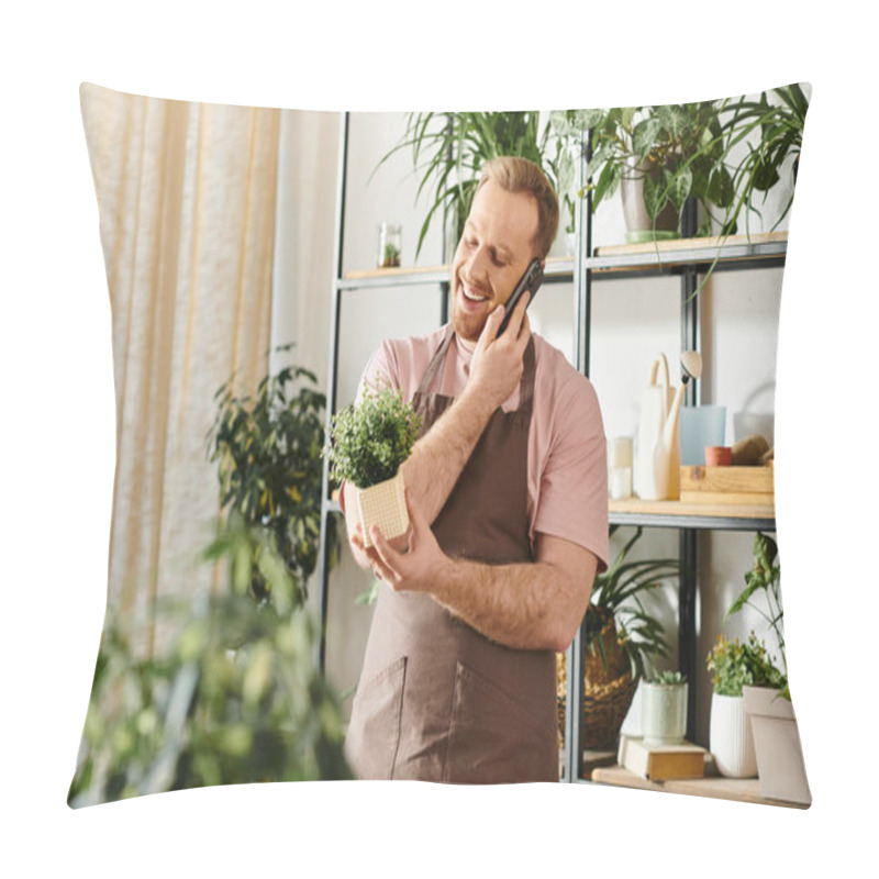 Personality  A Stylish Man Multitasks, Conversing On A Cellphone While Delicately Holding A Potted Plant In A Plant Shop. Pillow Covers