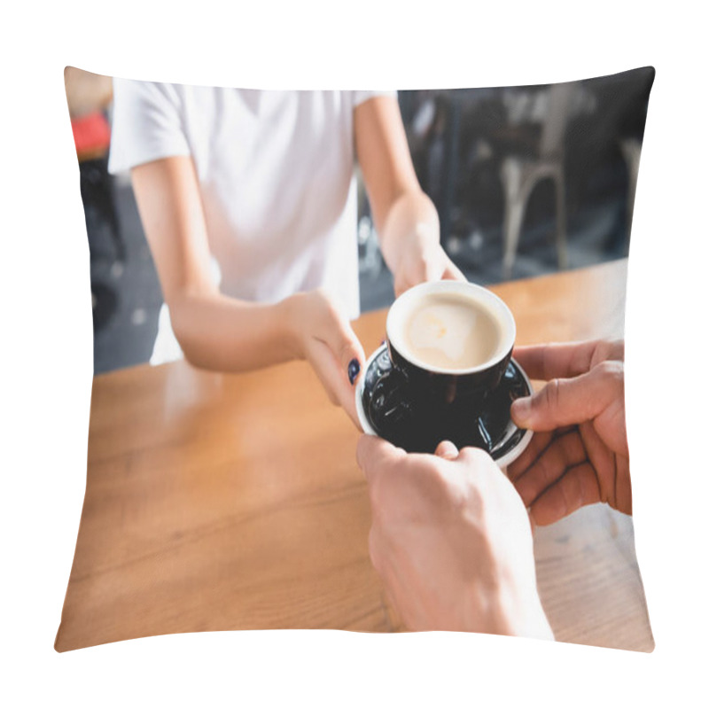 Personality  Cropped View Of Man Taking Cup Of Coffee From Barista On Blurred Background Pillow Covers