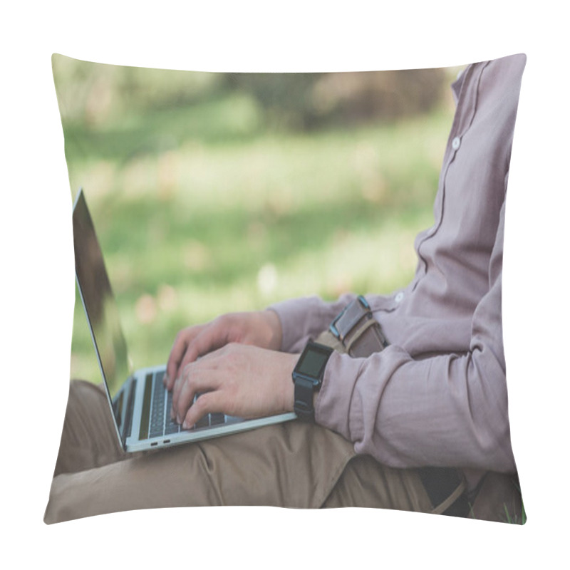 Personality  Cropped Shot Of Freelancer Working On Laptop In Park Pillow Covers