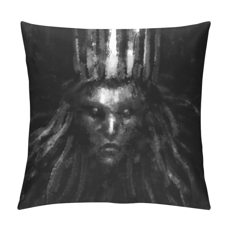 Personality  Queen Of Darkness With A Crown On Her Head. Black And White Illustration In Horror Genre With Coal And Noise Effect. Pillow Covers