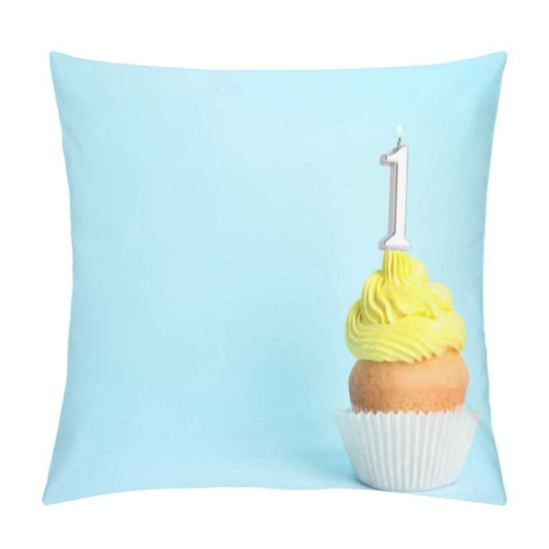 Personality  Birthday Cupcake With Number One Candle On Blue Background, Space For Text Pillow Covers