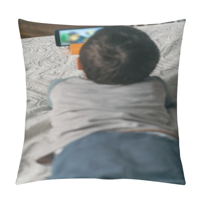 Personality  Selective Focus Of Little Boy Watching Webinar On Smartphone While Lying On Bed Pillow Covers