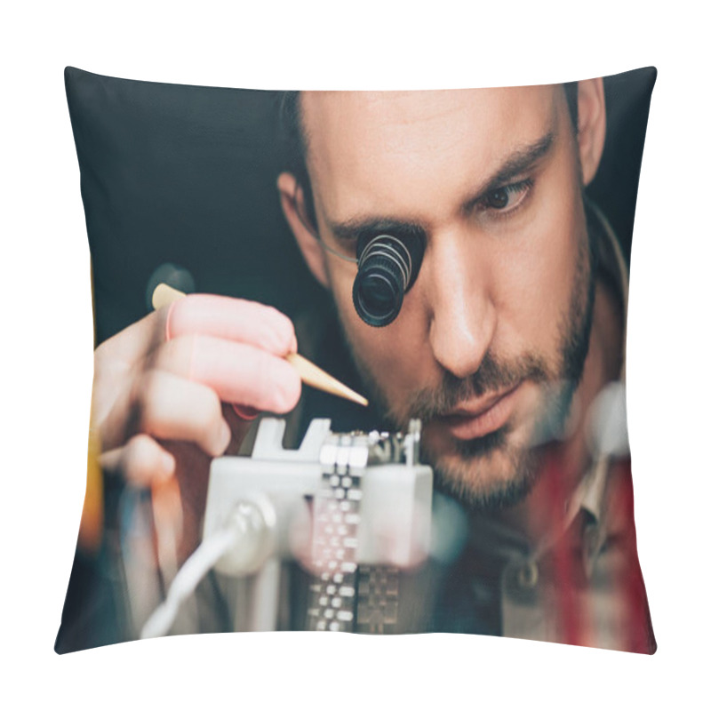 Personality  Selective Focus Of Watchmaker Working With Wristwatch On Timegrapher Movement Holder Isolated On Black  Pillow Covers