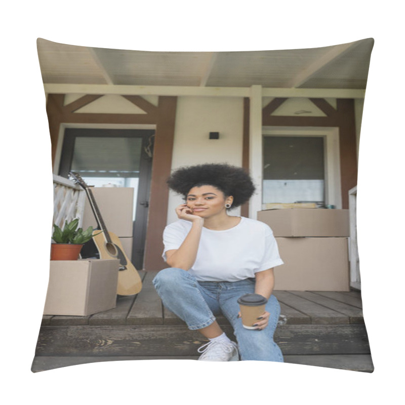 Personality  African American Woman Looking At Camera While Holding Coffee To Go On Porch Of New House Pillow Covers