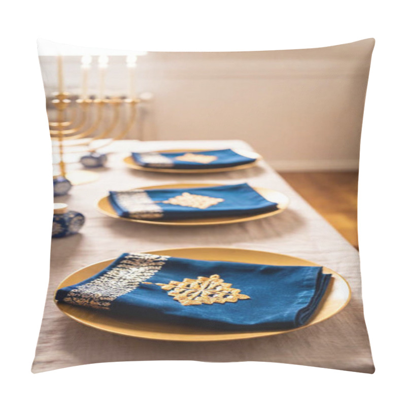 Personality  A Side View Of Blue Velvet Placemats On A Hanukkah Dinner Table With A Glittering Gold Menorah Centerpiece, Beautifully Lit From The Side. Pillow Covers