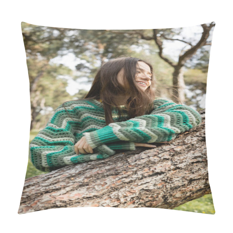 Personality  Overjoyed Woman In Knitted Sweater Looking Away Near Tree Trunk In Summer Park  Pillow Covers