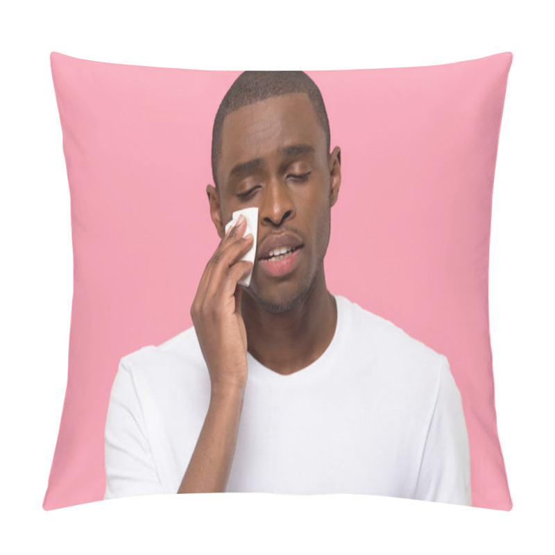 Personality  African Male Wiping Tears Feels Unhappy Posing Over Pink Background Pillow Covers