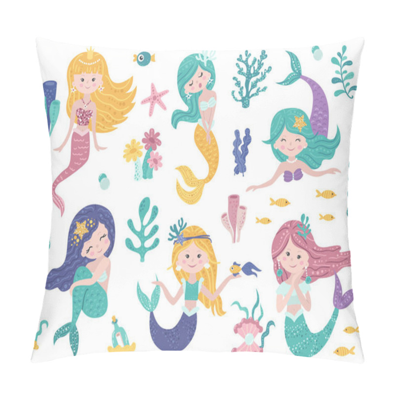 Personality  Set Of Cute Mermaids And Sea Nature. Pillow Covers