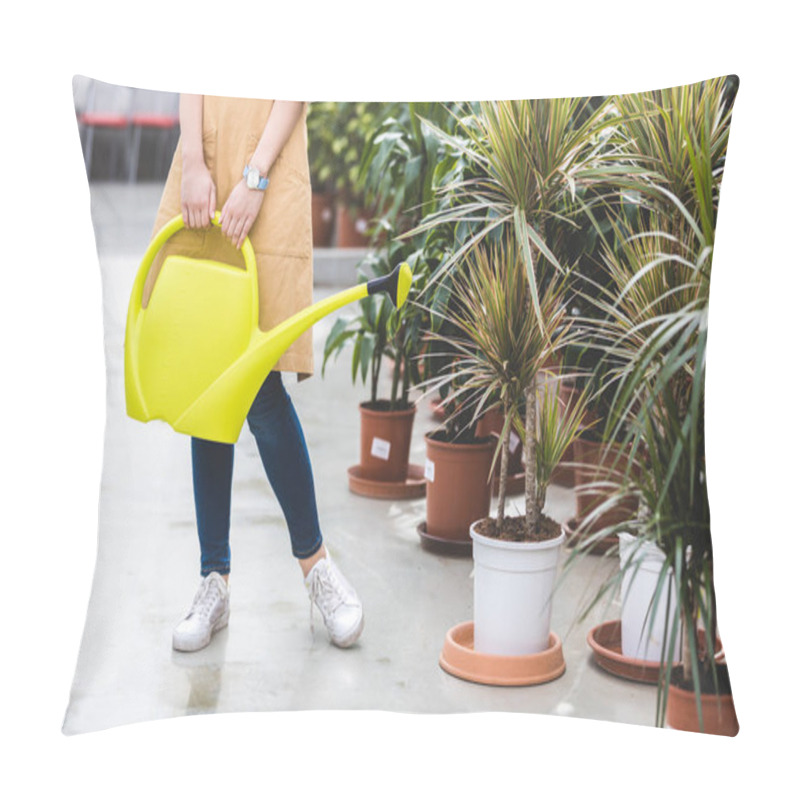 Personality  Close-up View Of Gardener With Watering Can Standing By Plants In Greenhouse Pillow Covers