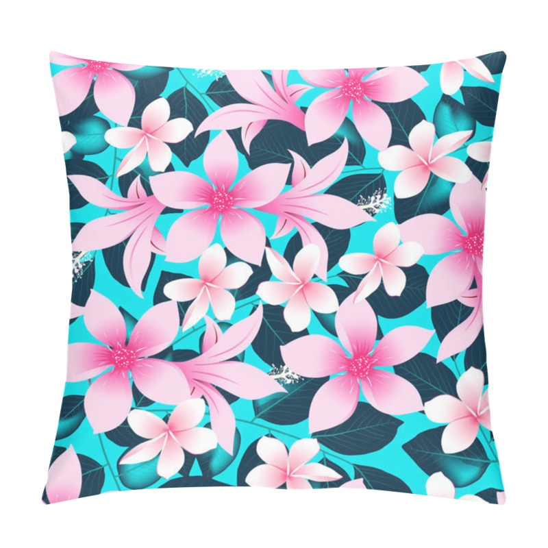 Personality  Pink Tropical Hibiscus Flowers With Blue Leaves Seamless Pattern Pillow Covers