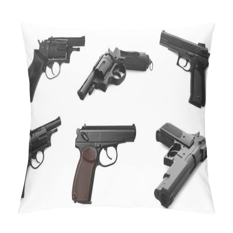 Personality  Set With Different Handguns On White Background Pillow Covers