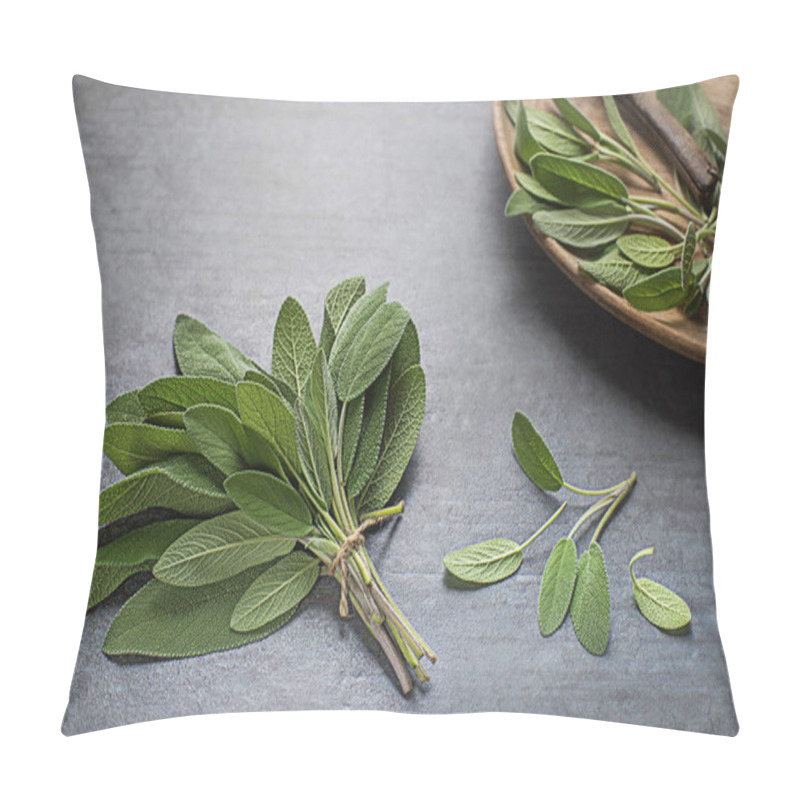 Personality  Sage Leaves In Plate. Freshly Picked Sage Leaves From The Home Garden. Medicinal Herbs. Pillow Covers