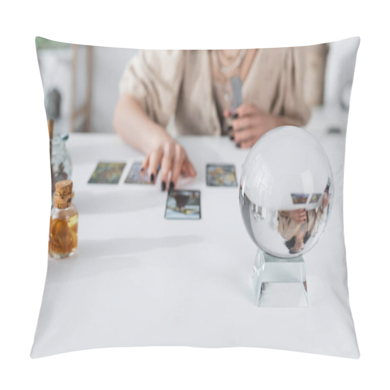 Personality  Cropped View Of Glass Orb Near Blurred Fortune Teller With Tarot Cards  Pillow Covers