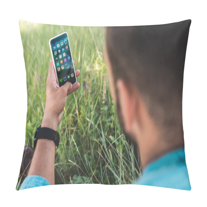 Personality  Selective Focus Of Man Using Smartphone With Social Network Pillow Covers