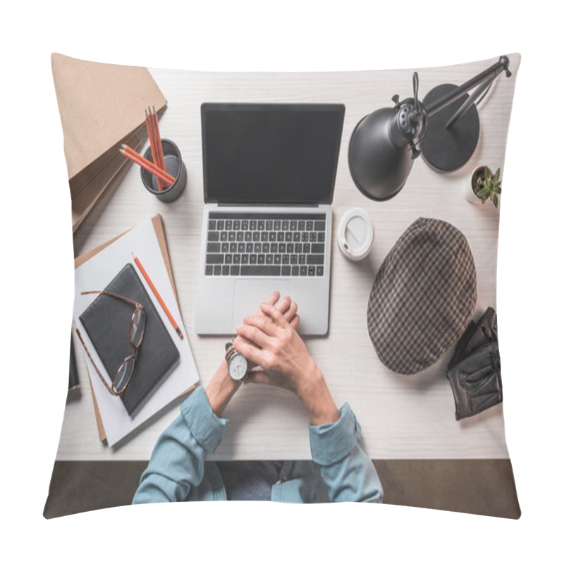 Personality  Cropped Image Of Stylish Businessman Checking Wristwatch At Table With Laptop And Stationery  Pillow Covers