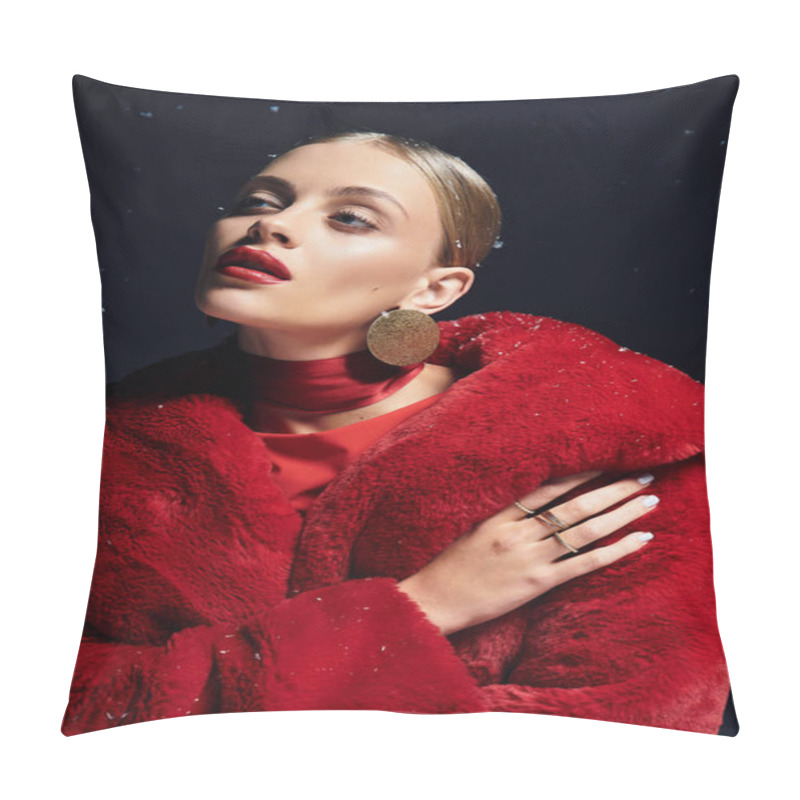 Personality  Dressed In A Vibrant Red Outfit, A Beautiful Woman Exudes Elegance With A Thoughtful Expression. Pillow Covers