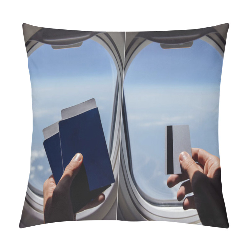 Personality  Collage Of Man Holding Credit Card And Passports Near Porthole In Airplane Pillow Covers