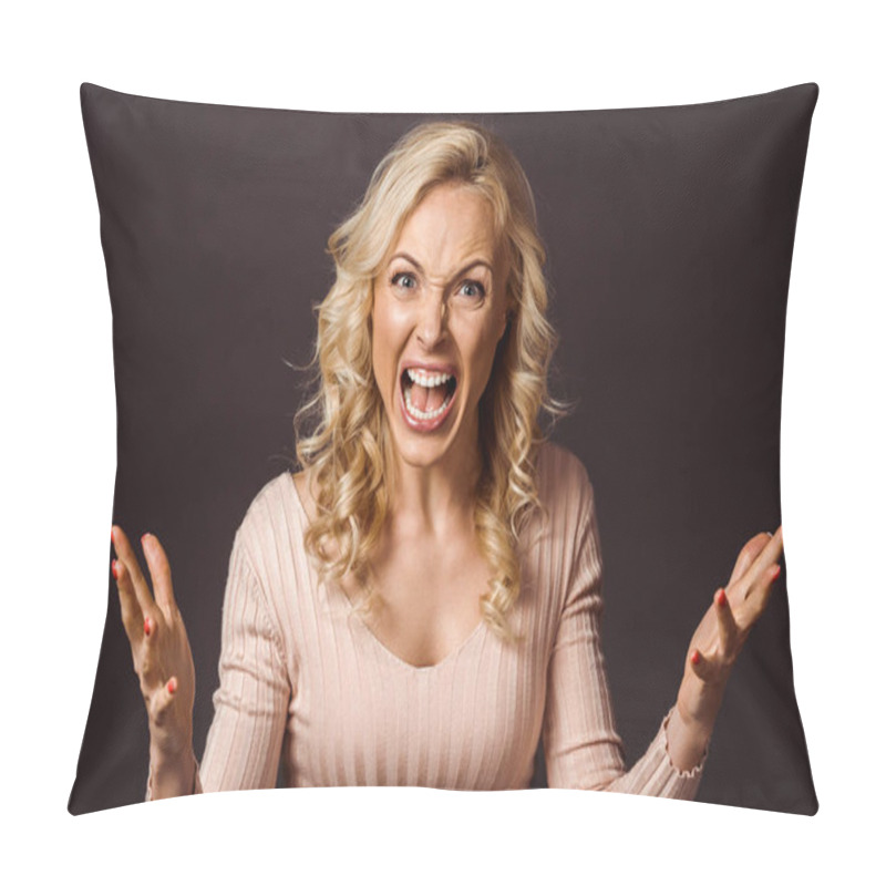 Personality  Emotional Blonde Woman Gesturing And Screaming Isolated On Black  Pillow Covers