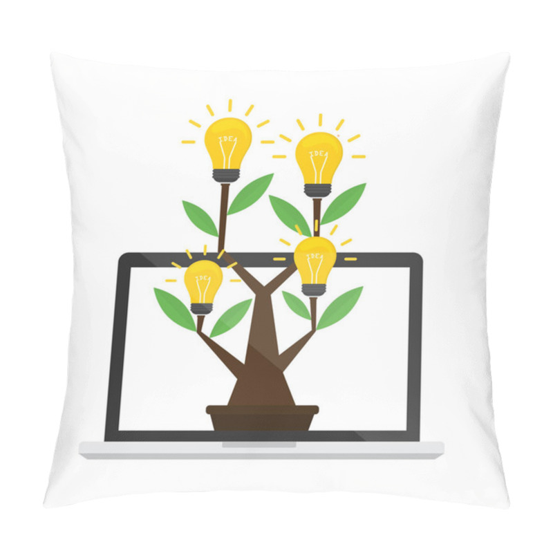 Personality  Idea Tree With Idea Light Bulb On Computer Laptop With Internet Online On White Background. Vector Illustration Online Internet Business Idea Concept Design. Pillow Covers