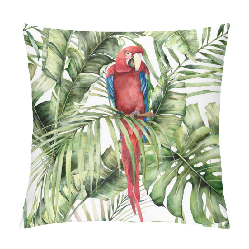 Personality  Watercolor Tropical Seamless Pattern With Red Parrot And Palm Leaves. Hand Painted Birds And Jungle Tree Leaves. Floral Illustration Isolated On White Background For Design, Print Or Background. Pillow Covers