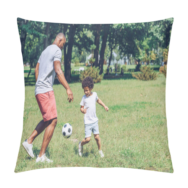 Personality  Young African American Father Playing Football With Cute Son In Park Pillow Covers