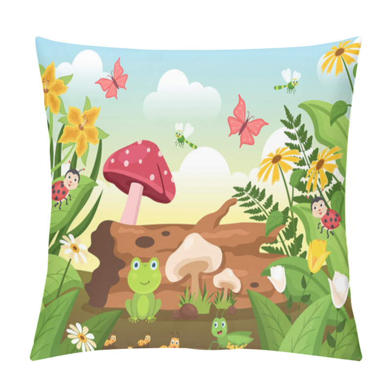 Personality  Beautiful Garden Cartoon Background Illustration With Scenery Nature Of Plants, Various Animals, Flowers, Tree And Green Grass In Flat Design Style Pillow Covers