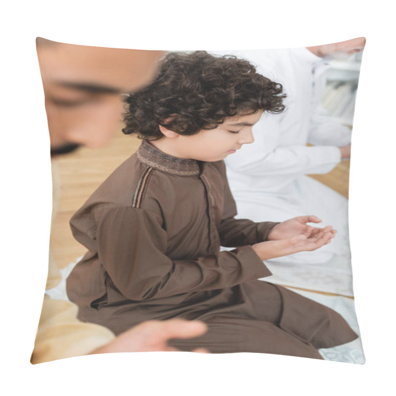 Personality  Curly Arabian Boy Praying Near Father And Grandparent At Home  Pillow Covers