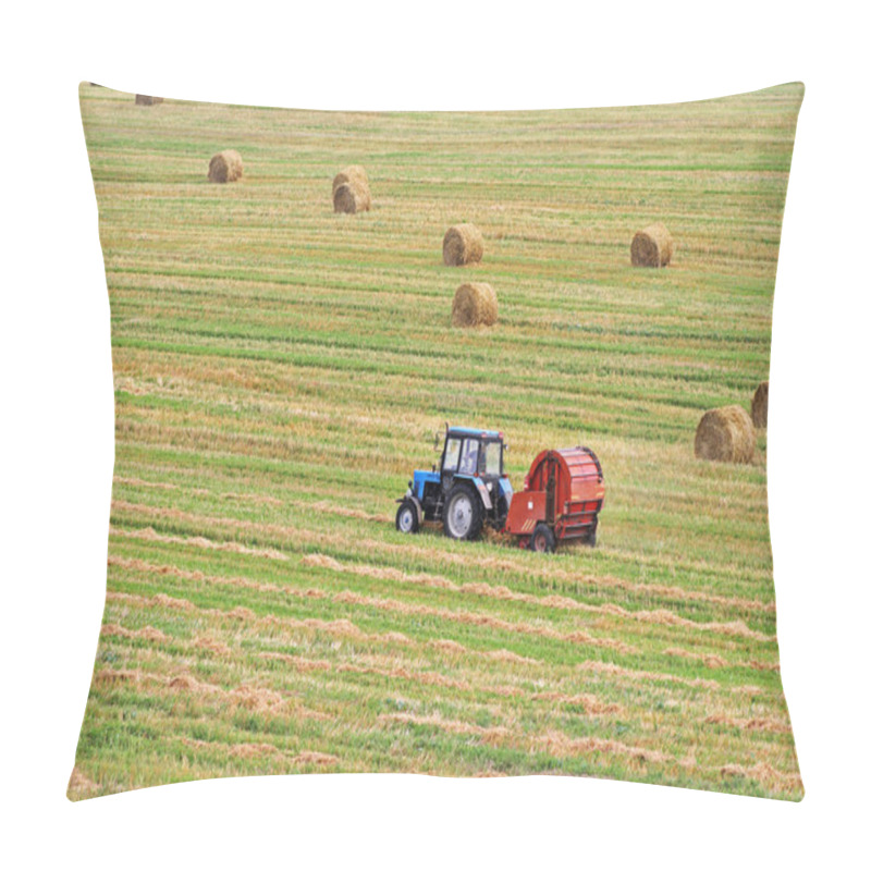 Personality  Tractor Pulls Round Baler In The Background Of A Field With Haystacks Pillow Covers