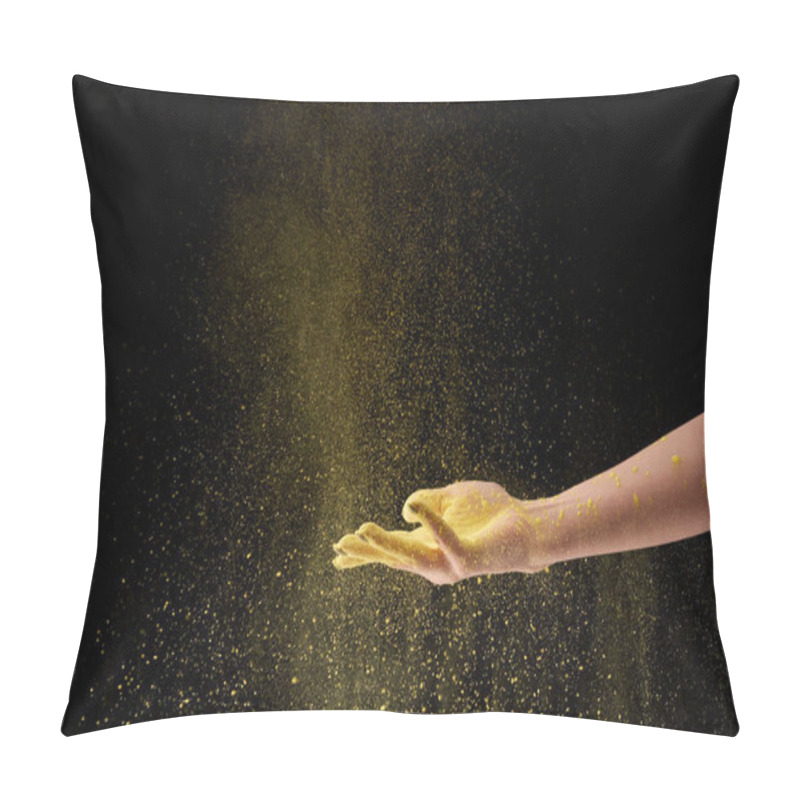 Personality  Cropped View Of Woman Holding Yellow Holi Powder On Black Background Pillow Covers