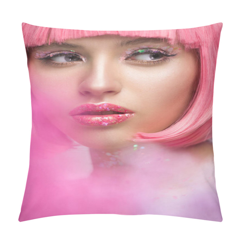 Personality  Attractive Woman With Pink Hair And Makeup With Glitter Looking Away Pillow Covers