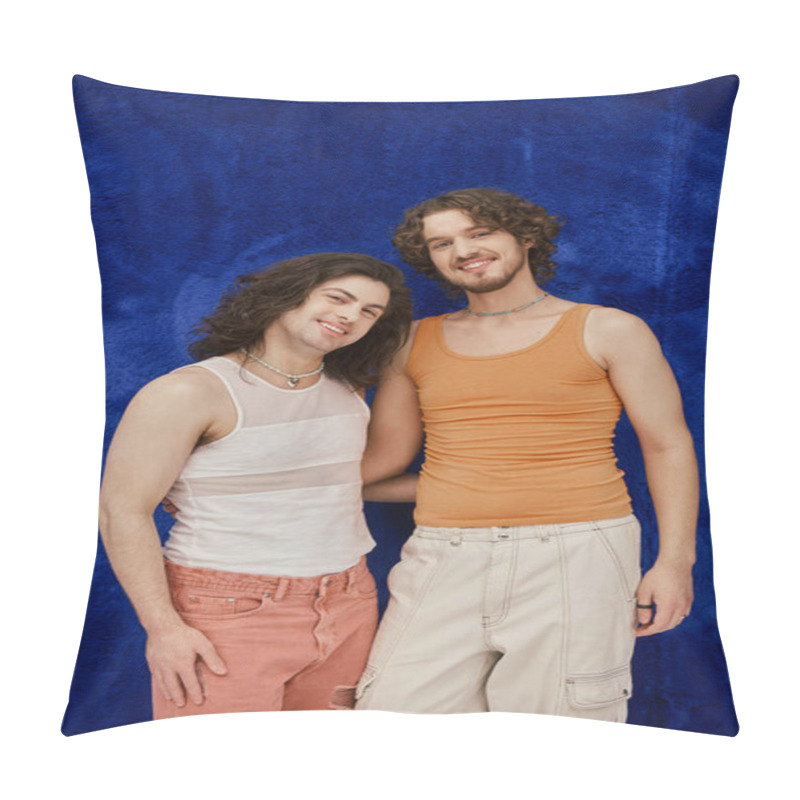 Personality  Cheerful Attractive Elegant Gay Friends In Cozy Outfits On Dark Blue Backdrop, Pride Month Pillow Covers