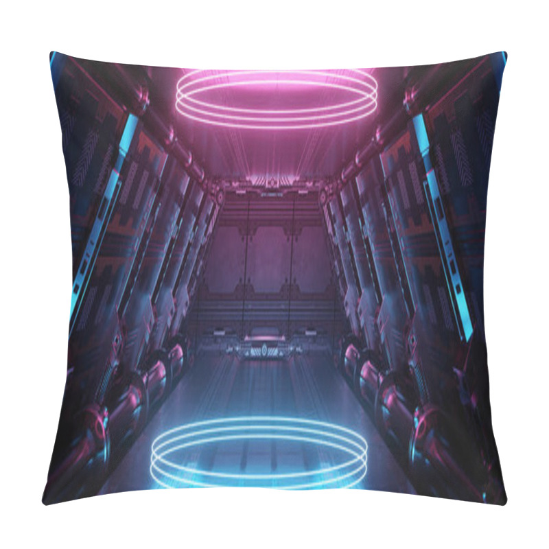 Personality  Blue And Pink Spaceship Interior With Glowing, Neon Lights Podium Reflecting On The Floor. Futuristic Corridor In Space Station With Circles Background. 3d Rendering Pillow Covers