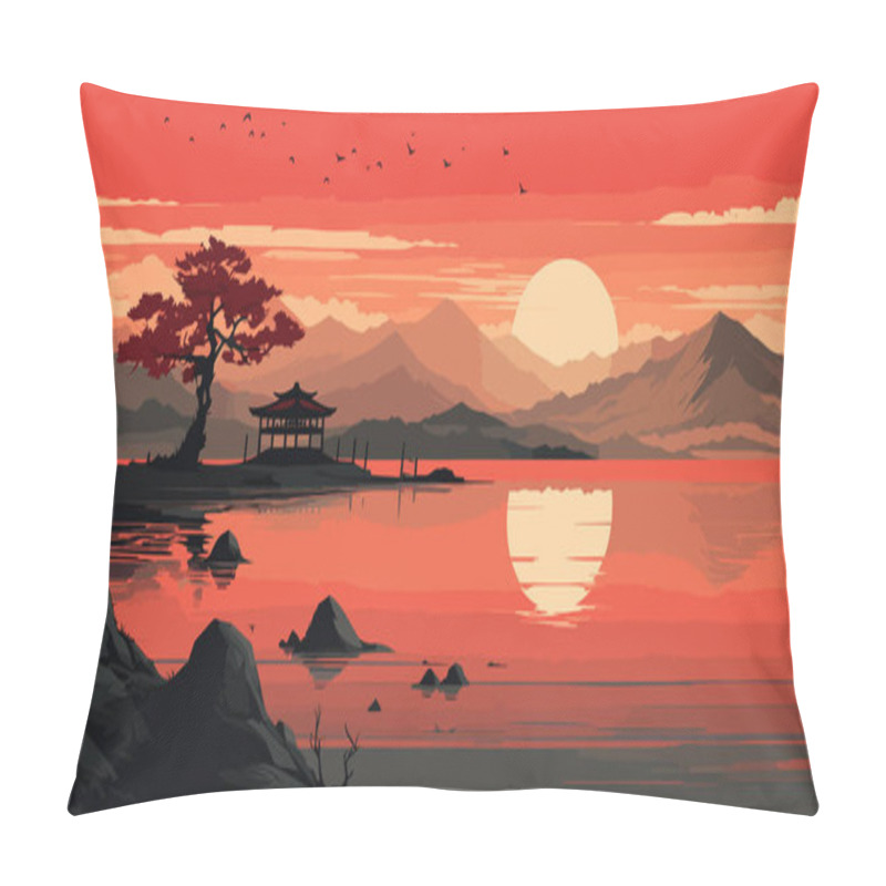 Personality  Illustration With Asian Landscape Temple And Mountains, Lake, River, Trees. Oriental Art Painting. Japanese Landscape. Mountains, Clouds, Trees, Moon Sun Vector Pillow Covers