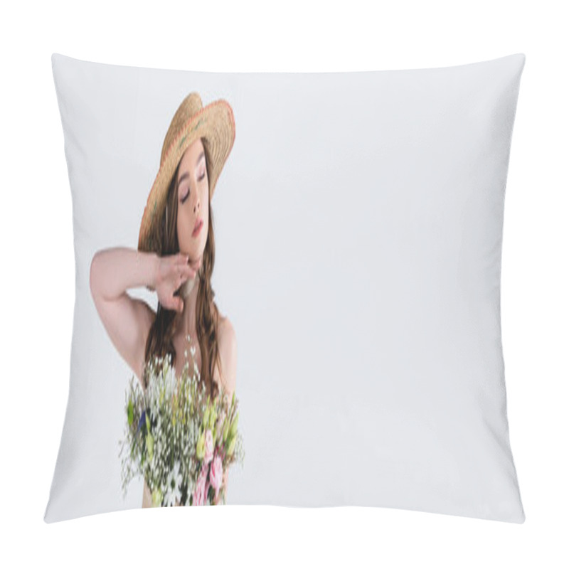 Personality  Young Woman In Stylish Straw Hat With Flowers In Blouse Standing With Closed Eyes Isolated On Grey, Banner  Pillow Covers