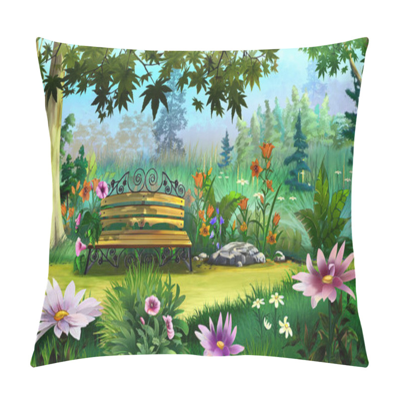 Personality  Bench In The Park Among The Flowers On A Sunny Summer Day. Digital Painting Background, Illustration. Pillow Covers