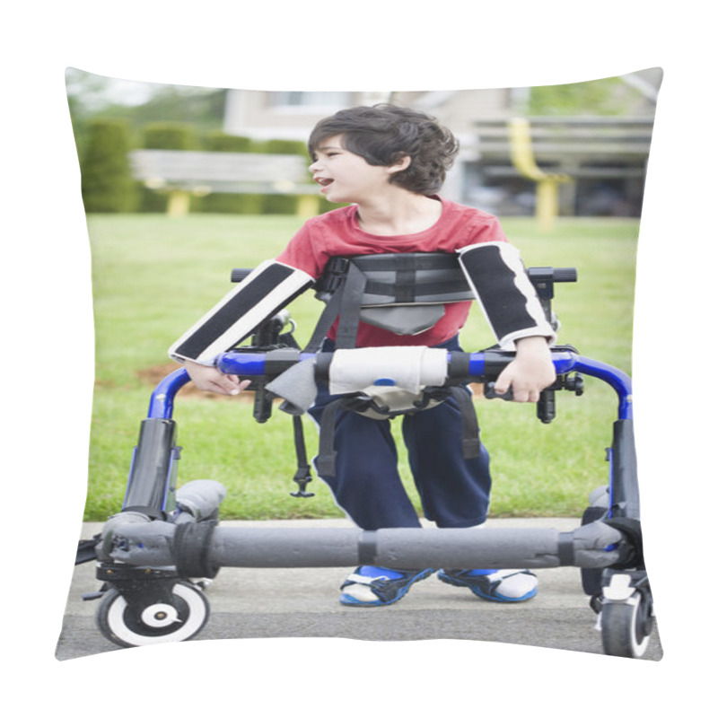 Personality  Five Year Old Disabled Boy In Walker By Park. He Has Cerebral Pa Pillow Covers