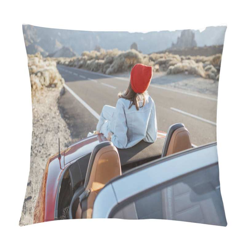 Personality  Woman Traveling By Car On A Desert Valley Pillow Covers