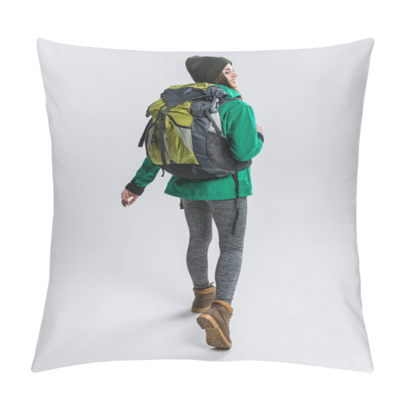 Personality  Happy Traveler In Warm Clothing With Backpack, Isolated On Grey Pillow Covers