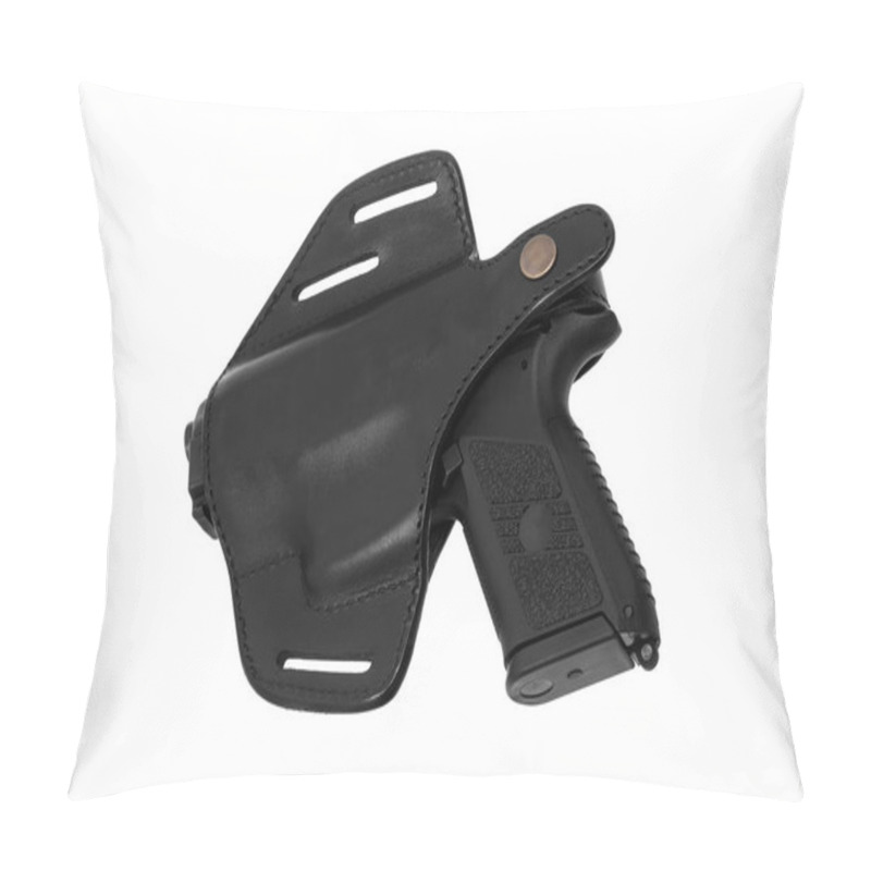 Personality  Pistol In A Black Leather Holster Isolated On White Background Pillow Covers