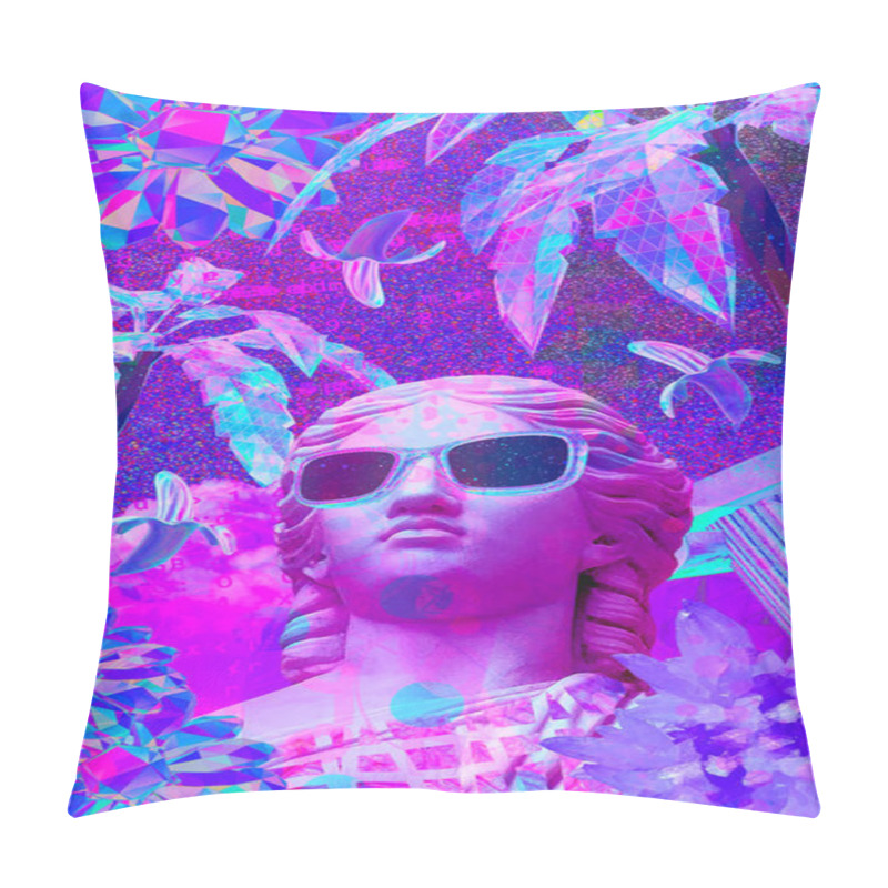 Personality  Contemporary Minimal Collage Kit Wallpaper. Antique Statue Male In Purple Chaos Space. Back In 80, 90s Party Style. Retro Zine And Vapor Wave Cuture Vibes Pillow Covers