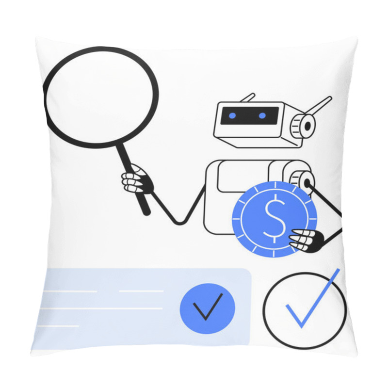 Personality  Robot Holding Magnifying Glass And Dollar Coin, Surrounded By Check Marks And A Document. Ideal For Financial Analysis, Automation, Technology, Efficiency, Cybersecurity, Data Scrutiny, And AI Pillow Covers