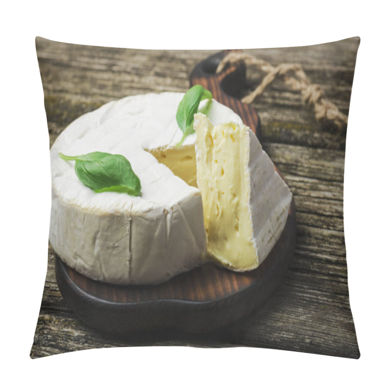 Personality  French Cheese - Round Camembert With Basil Leaves On A Wooden Background  Pillow Covers