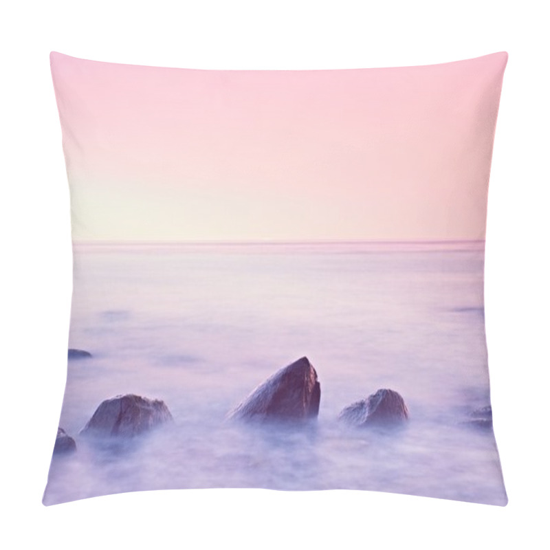 Personality  Romantic Morning At Sea. Big Boulders Sticking Out From Smooth Water Level. Pink Horozon With First Hot Sun Rays. Pillow Covers