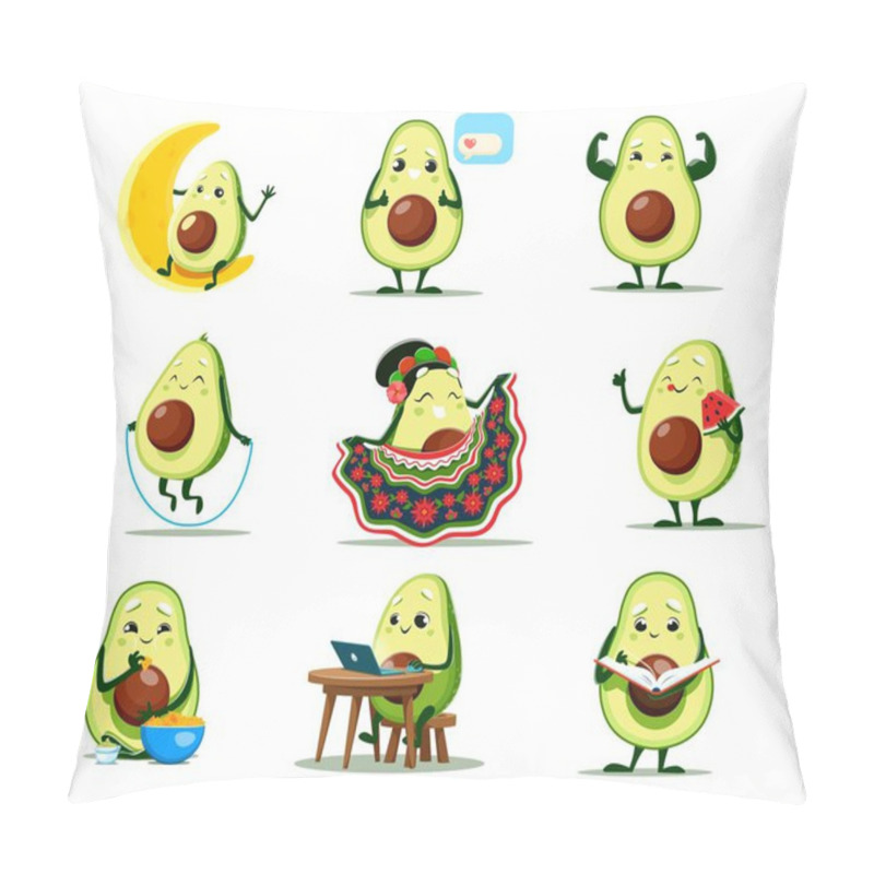 Personality  Cartoon Avocado Characters Vector Set. Cute Vegetable Sitting On The Moon, Showing Muscles, Jump With Rope And Dancing Flamenco. Eating Watermelon Or Nachos, Reading Book, Chatting And Work On Laptop Pillow Covers