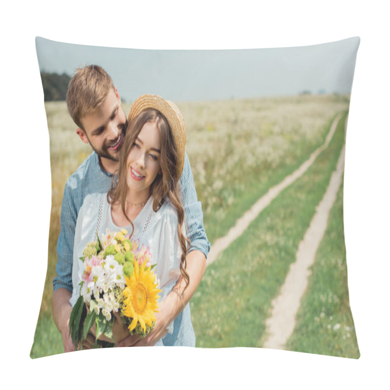 Personality  Portrait Of Smiling Man Hugging Girlfriend With Bouquet Of Wild Flowers In Summer Field Pillow Covers