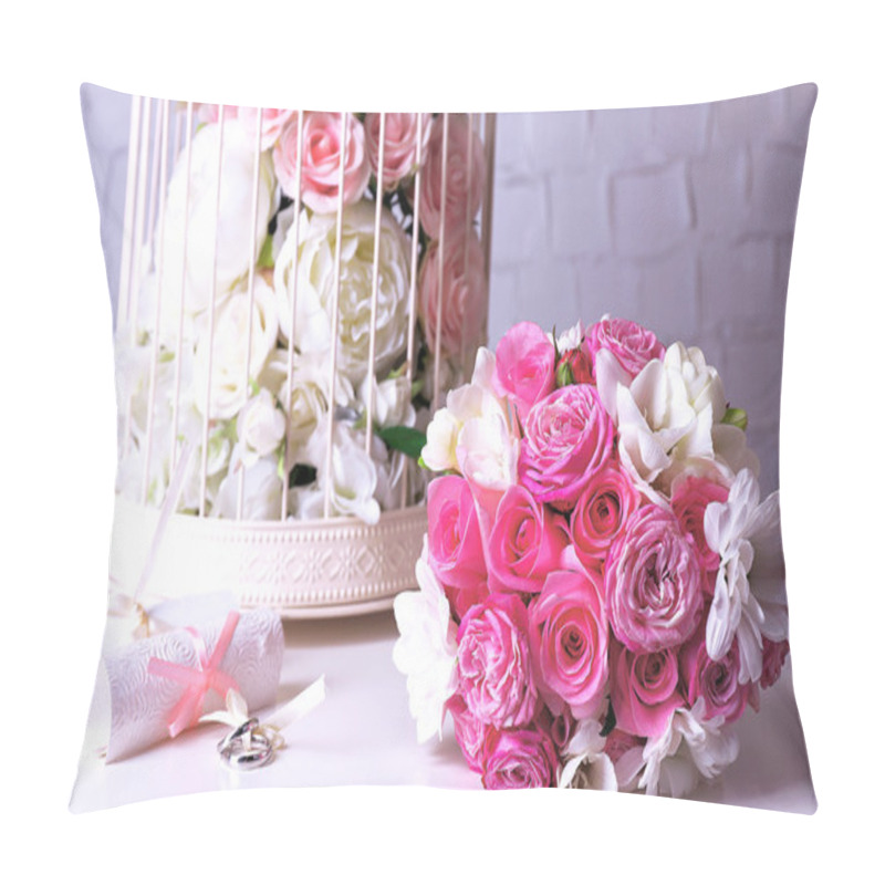 Personality  Beautiful Wedding Still Life With Bouquet On Grey Wall Background Pillow Covers