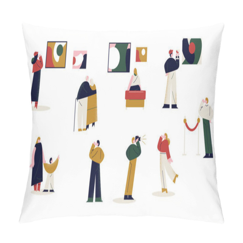 Personality  Young And Old People Visiting Art Galleries And Looking At Paintings Pillow Covers